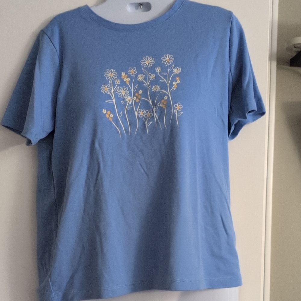 Floral Embroidered Blue Tee